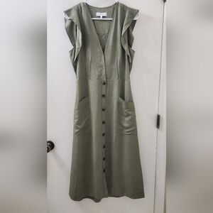 Reiss Sleeveless Olive Green Button-Front Midi Dress, Size 6.